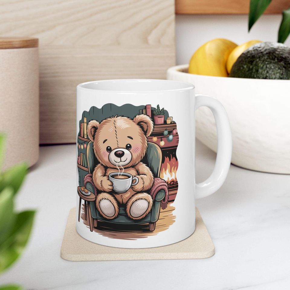 Cozy Teddy Bear Reading by Fireplace Mug | Ceramic Coffee Cup