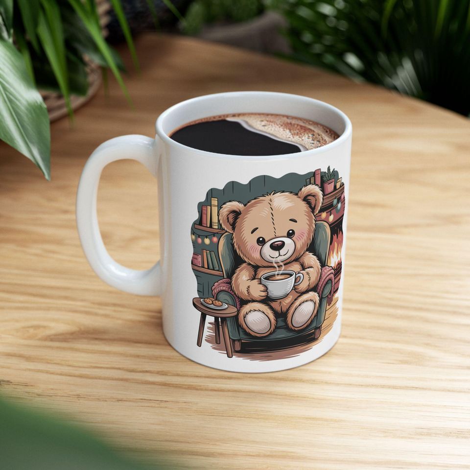 Cozy Teddy Bear Reading by Fireplace Mug | Ceramic Coffee Cup