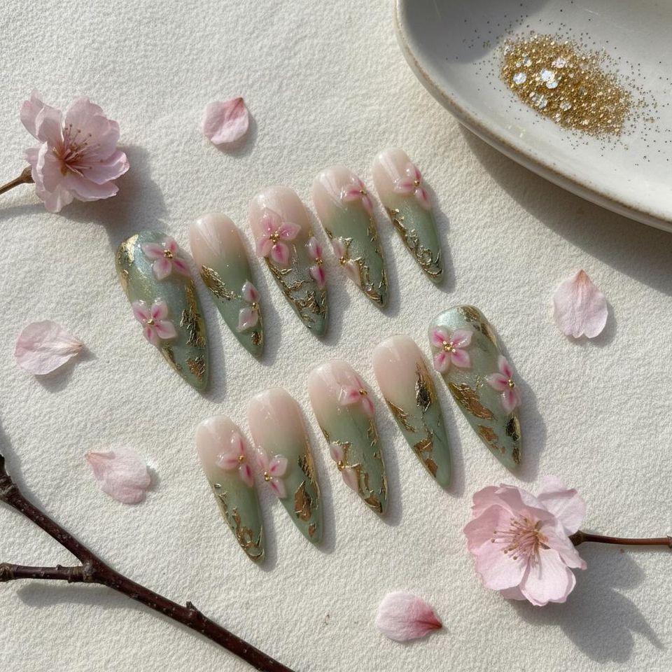 Luxury Sage Green Press On Nails: 3D Pink Floral Gold Foil Reusable Stiletto Set