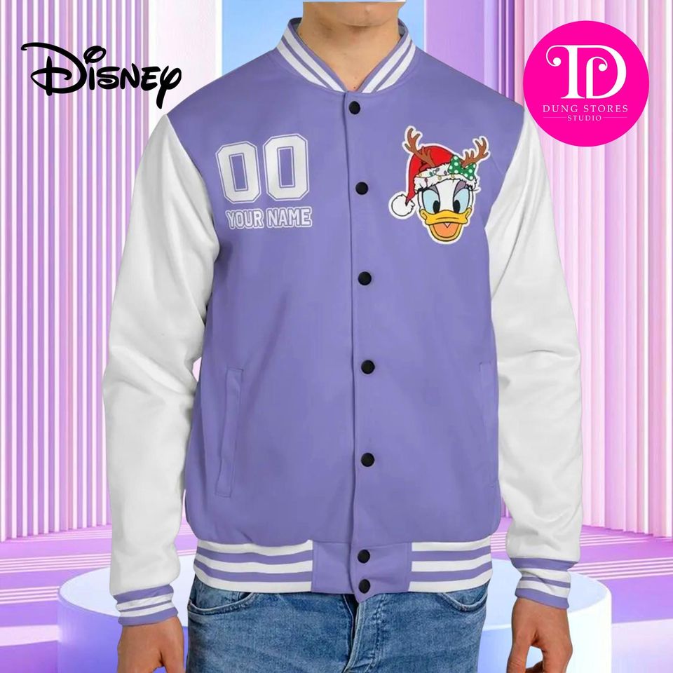 Custom Winter Daisy Varsity Jacket, Personalized Disney Jacket, Unisex Snap Button Windproof Jacket