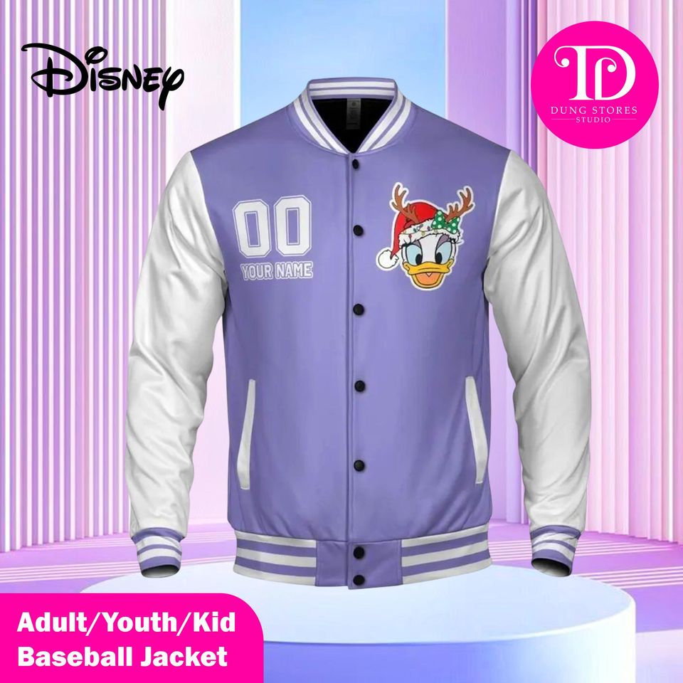 Custom Winter Daisy Varsity Jacket, Personalized Disney Jacket, Unisex Snap Button Windproof Jacket