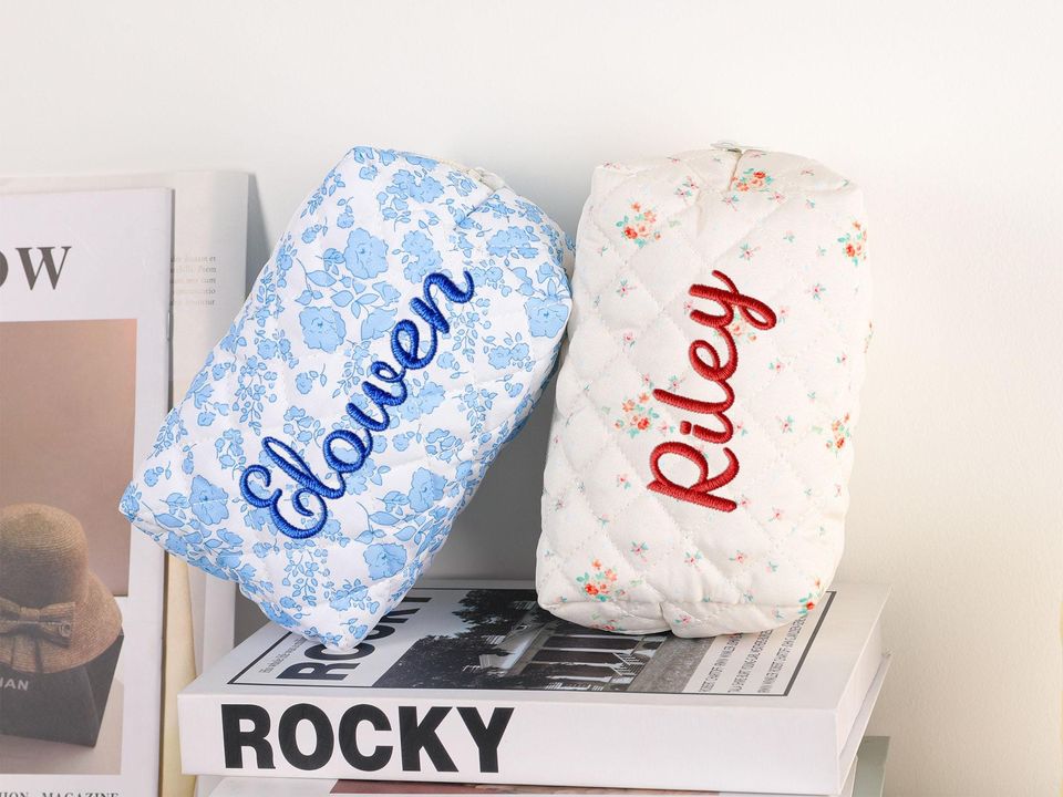 Personalized Embroidered Makeup Bag, Custom Floral Cosmetic Pouch, Travel Makeup Bag, Bridesmaid Gift