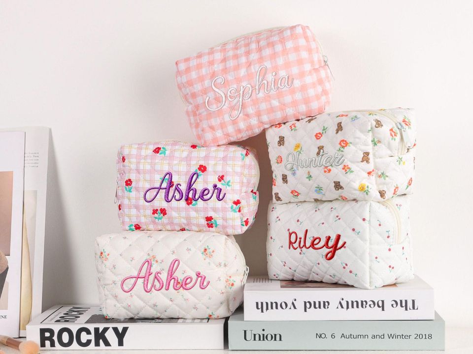 Personalized Embroidered Makeup Bag, Custom Floral Cosmetic Pouch, Travel Makeup Bag, Bridesmaid Gift