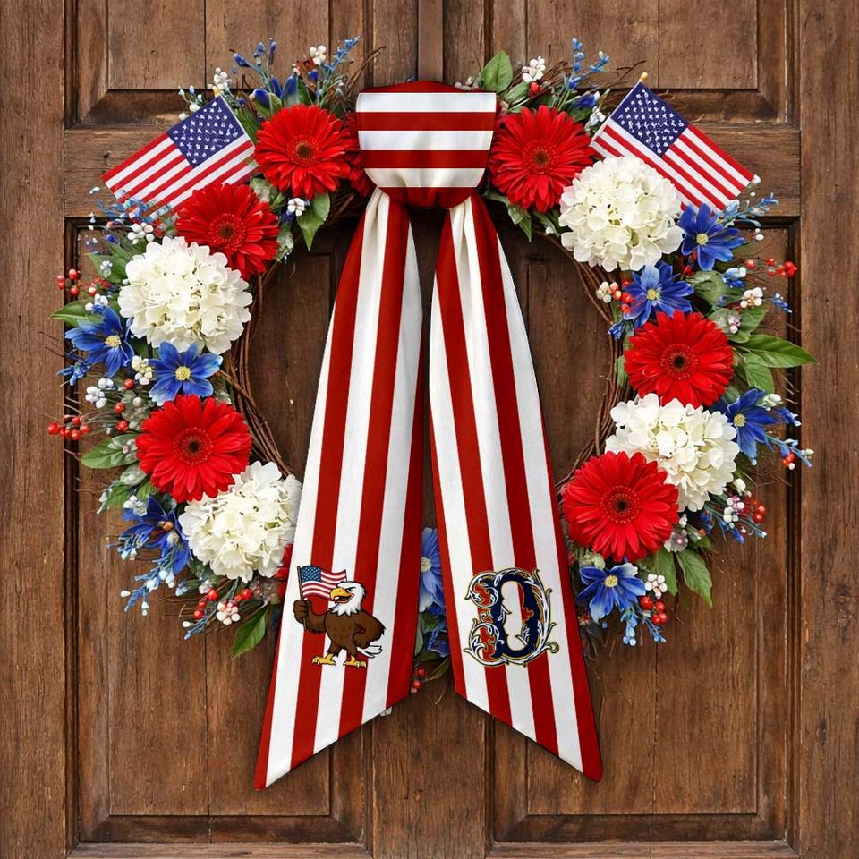 Patriotic Wreath Sash, 4th of July Door Wreath Bow, Personalized Initial Wreath Ribbon, American Flag Front Door Decor, Memorial Day Decor