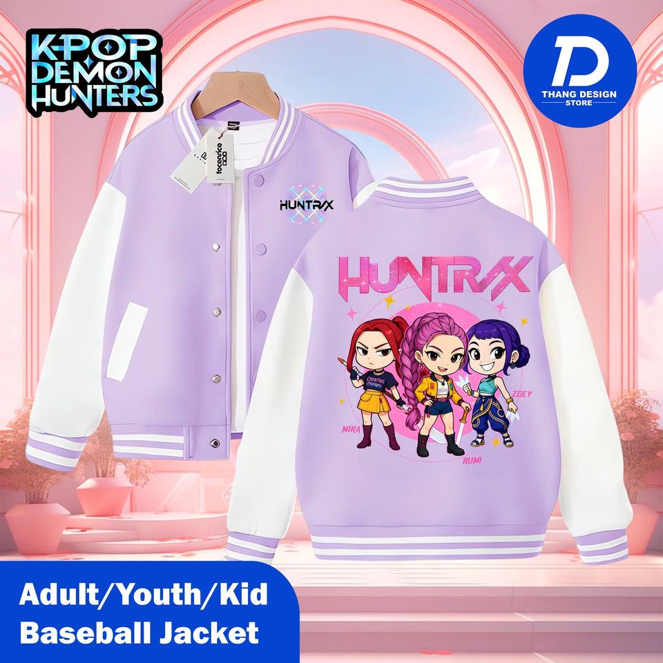 Huntrix Demon Hunter Varsity Jacket, Kpop Baseball Jacket for Kids, Youth & Adults