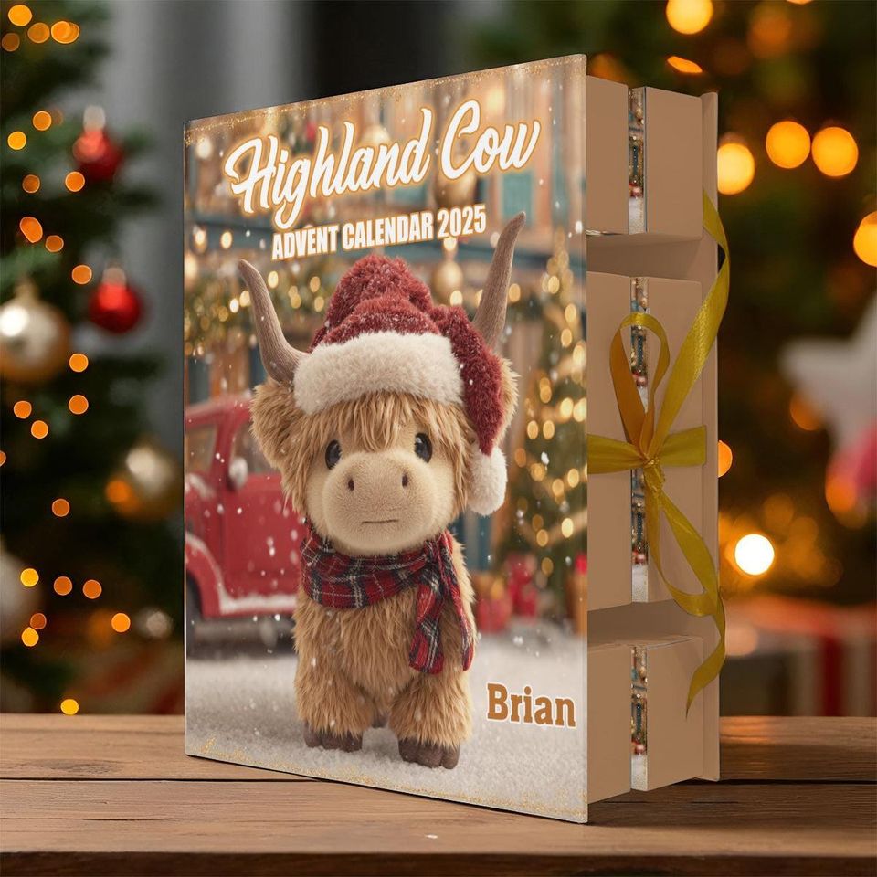 Personalized Christmas Highland Cow Advent Calendar, Gift For Highland Cow Lovers, Acrylic Blind Box Countdown Calendar With Ornaments