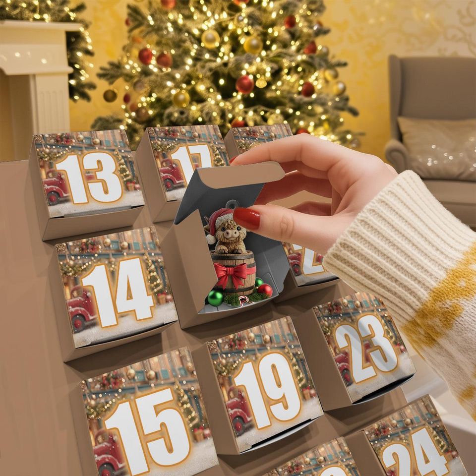 Personalized Christmas Highland Cow Advent Calendar, Gift For Highland Cow Lovers, Acrylic Blind Box Countdown Calendar With Ornaments
