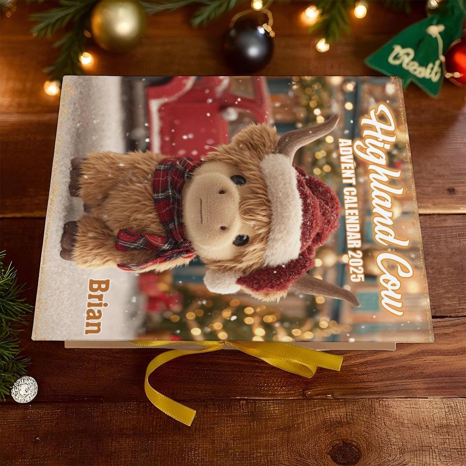 Personalized Christmas Highland Cow Advent Calendar, Gift For Highland Cow Lovers, Acrylic Blind Box Countdown Calendar With Ornaments