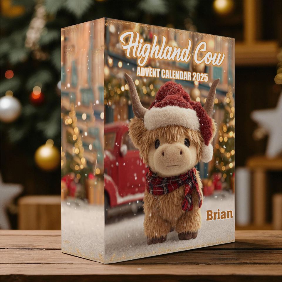 Personalized Christmas Highland Cow Advent Calendar, Gift For Highland Cow Lovers, Acrylic Blind Box Countdown Calendar With Ornaments