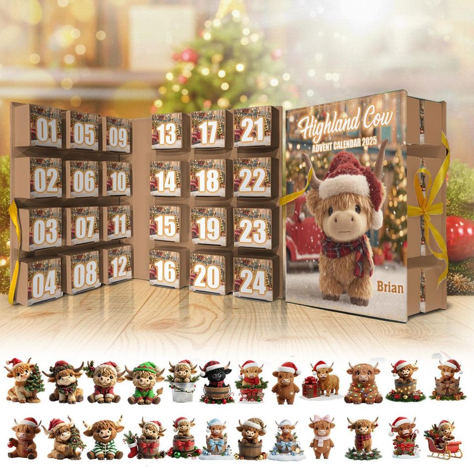 Personalized Christmas Highland Cow Advent Calendar, Gift For Highland Cow Lovers, Acrylic Blind Box Countdown Calendar With Ornaments