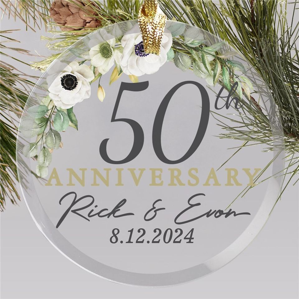 Personalized Anniversary Floral Round Glass Ornament, Custom Couples Ornament, Anniversary Gifts, 1st Anniversary Gift, 50th Anniversary
