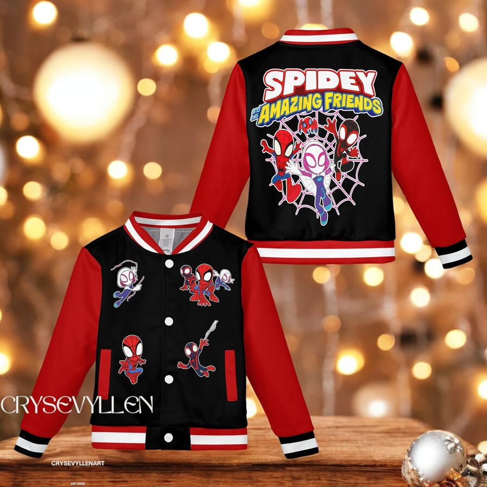 Spidey and His Amazing Friends Varsity Jacket, Kids Spiderman Baseball Jacket