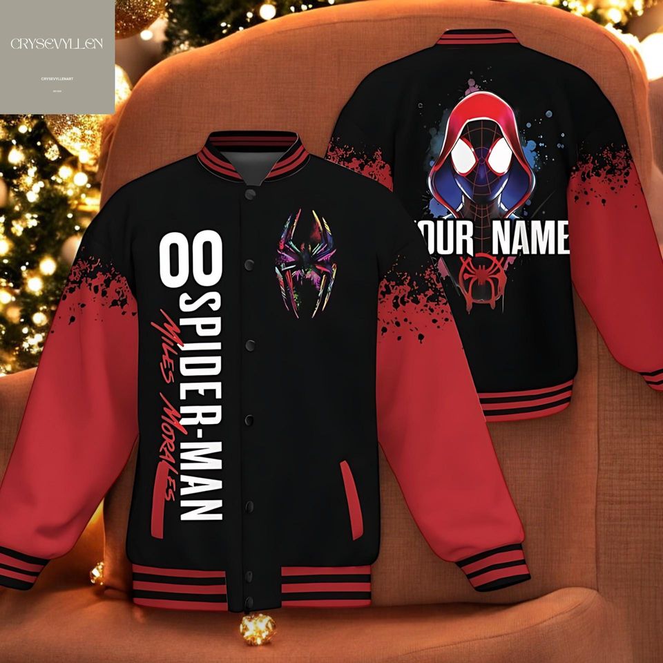 Custom Spiderman Miles Morales Black Varsity Jacket, Personalized Baseball Team Outfit