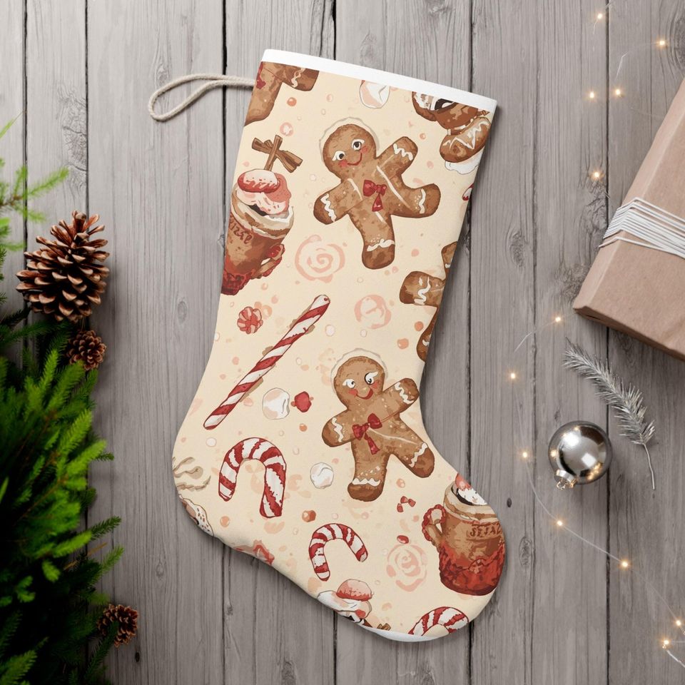 Personalized Gingerbread Christmas Stocking - Cozy Cottagecore Holiday Decor | Whimsical Candy Cane & Hot Cocoa Pattern