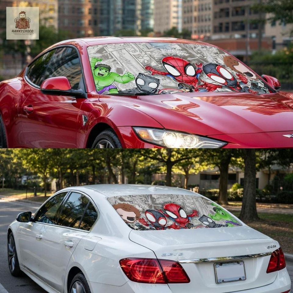 Marvel Spider-Man Avengers Car Windshield Sunshade, Hulk Black Panther Miles Morales Chibi Superhero Foldable Sun Shade, Comic Car Accessory