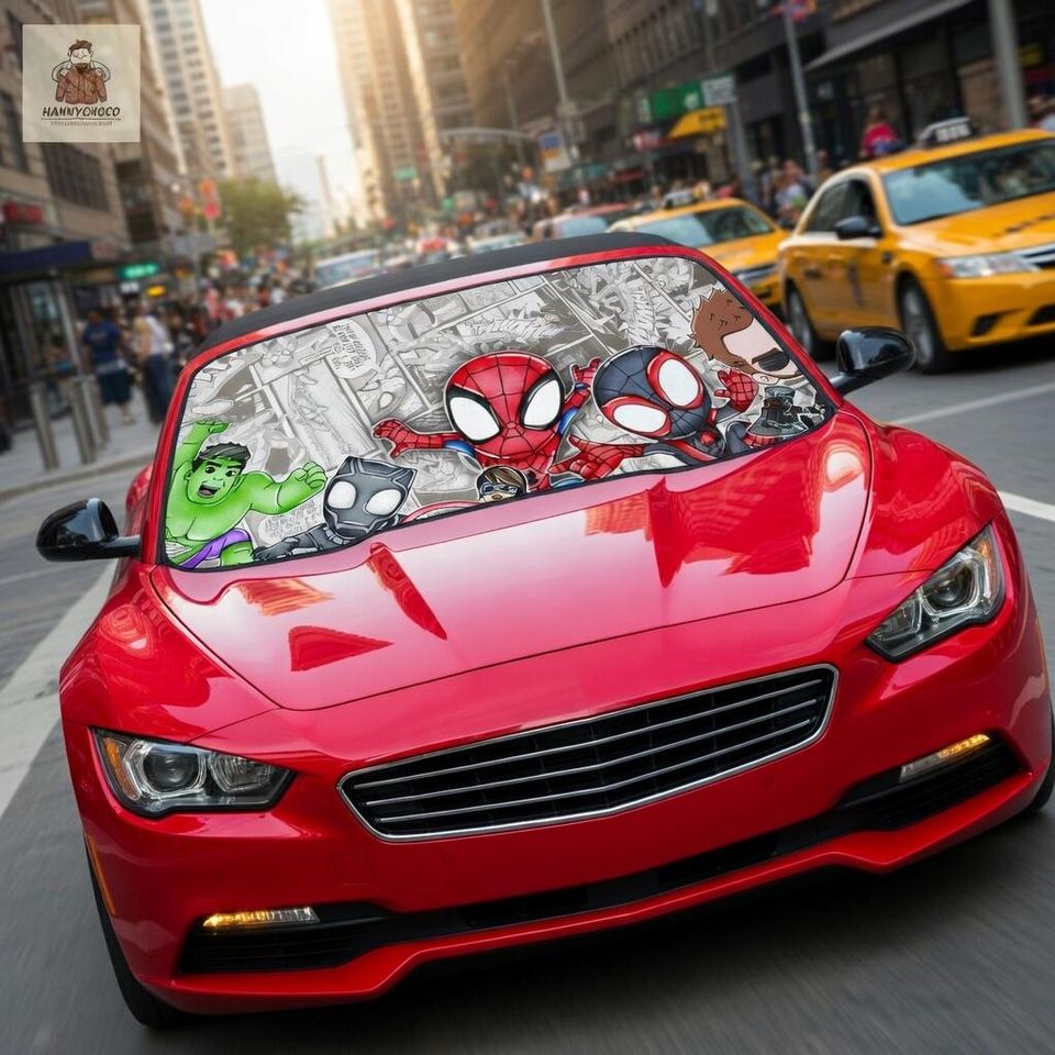 Marvel Spider-Man Avengers Car Windshield Sunshade, Hulk Black Panther Miles Morales Chibi Superhero Foldable Sun Shade, Comic Car Accessory