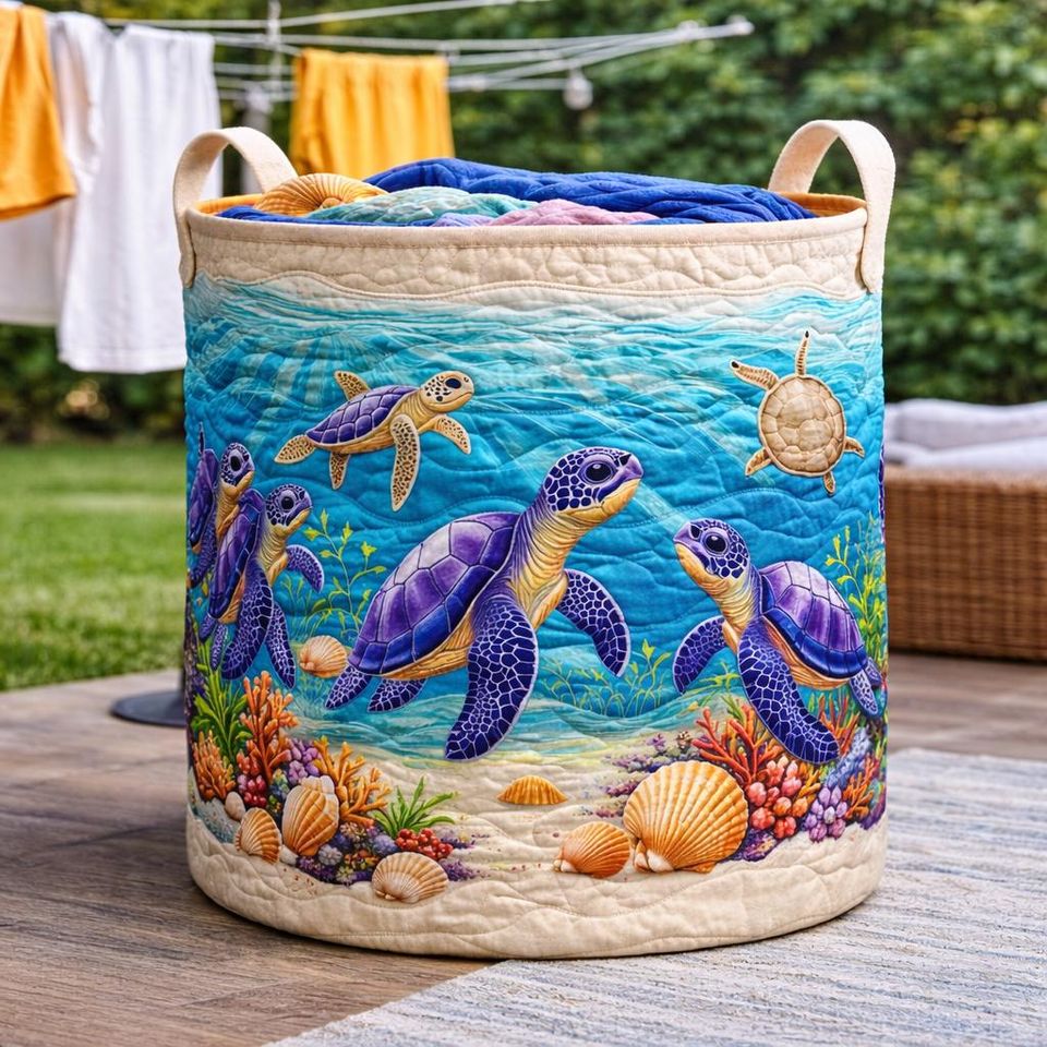 Sea Turtle Laundry Hamper, Coastal Quilted-Effect Storage Bin