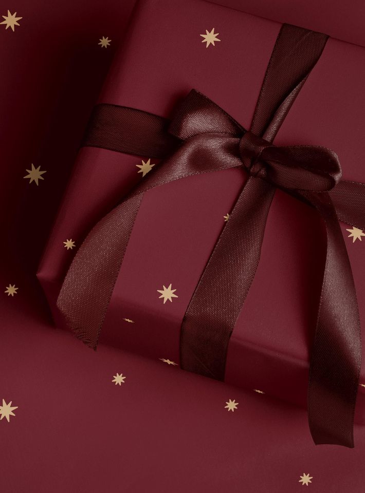 Christmas Wrapping Paper Golden Stars Red Gift Wrap Holiday Winter Themed Paper Roll Modern Festive Party Decor Moody Celestial Design Xmas