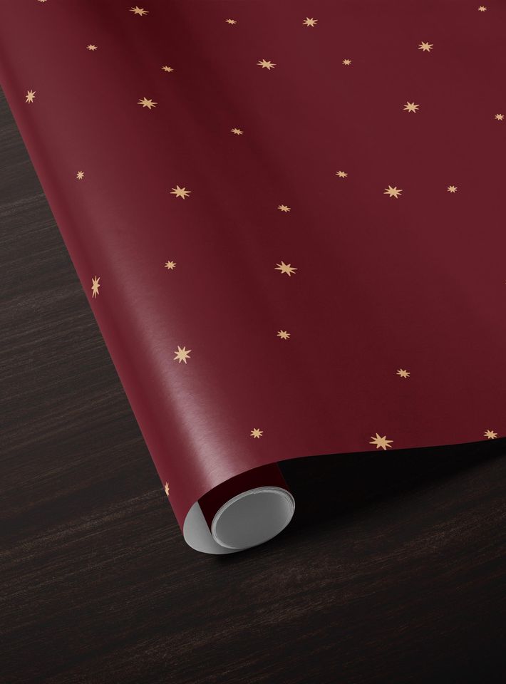 Christmas Wrapping Paper Golden Stars Red Gift Wrap Holiday Winter Themed Paper Roll Modern Festive Party Decor Moody Celestial Design Xmas