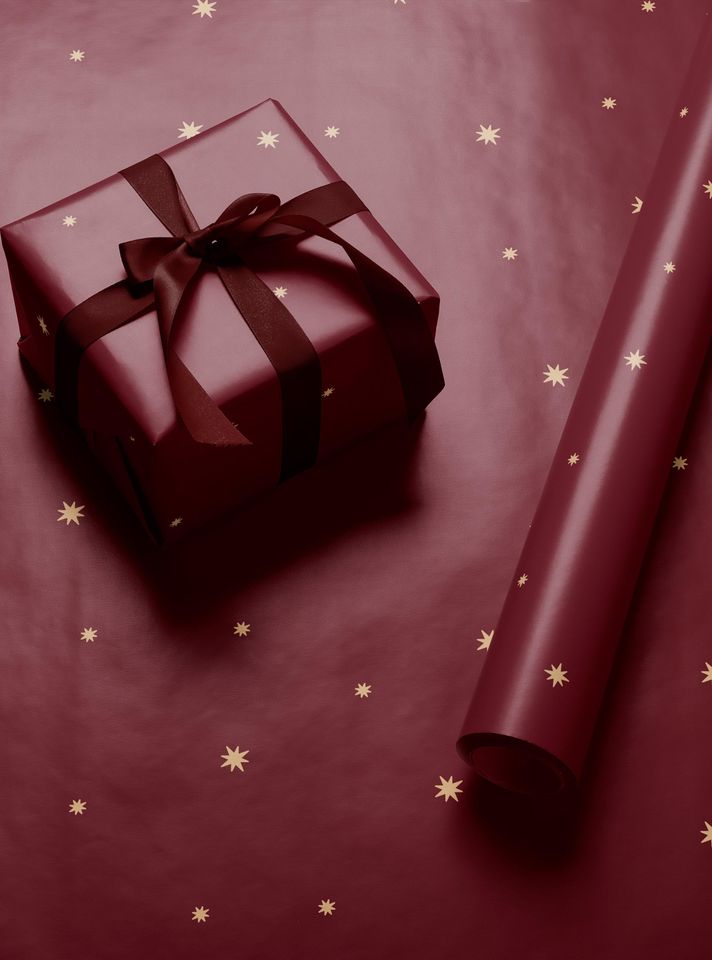 Christmas Wrapping Paper Golden Stars Red Gift Wrap Holiday Winter Themed Paper Roll Modern Festive Party Decor Moody Celestial Design Xmas
