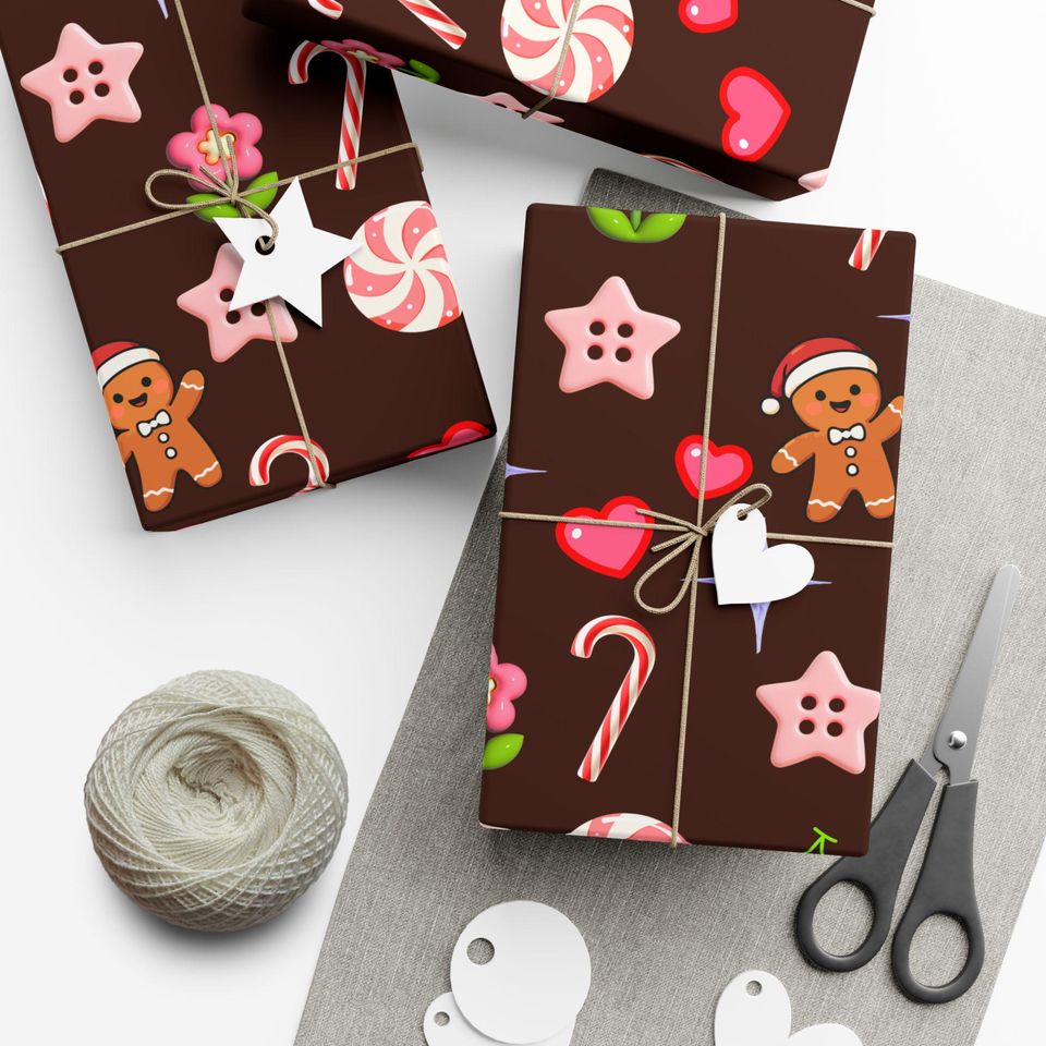 Brown Gingerbread Candy Pattern Gift Wrap | Christmas Wrapping Paper, Holiday Treats