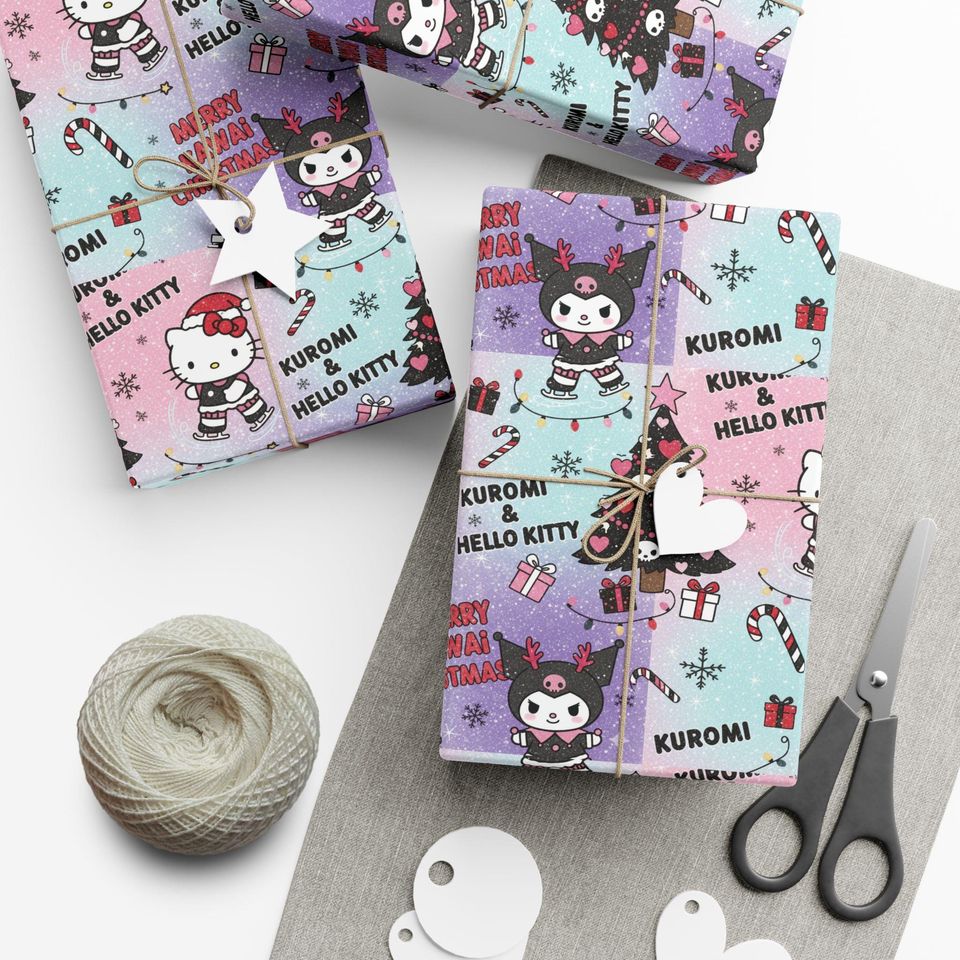 Kuromi and Hello Kitty Christmas Gift Wrap Paper | Holiday Wrapping Sheets