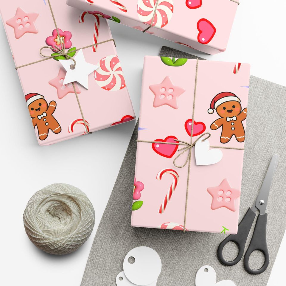 Pink Gingerbread Candy Pattern Gift Wrap Papers | Pink Holiday Wrapping Paper