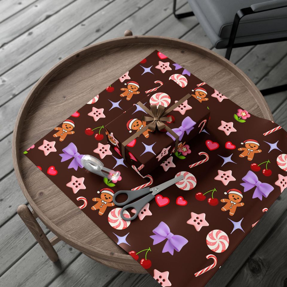 Brown Gingerbread Candy Pattern Gift Wrap | Christmas Wrapping Paper, Holiday Treats