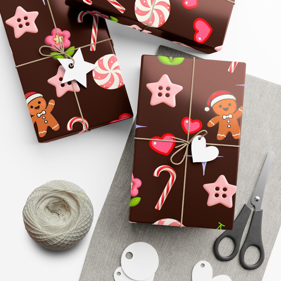 Brown Gingerbread Candy Pattern Gift Wrap | Christmas Wrapping Paper, Holiday Treats