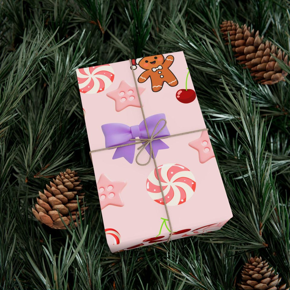 Pink Gingerbread Candy Pattern Gift Wrap Papers | Pink Holiday Wrapping Paper