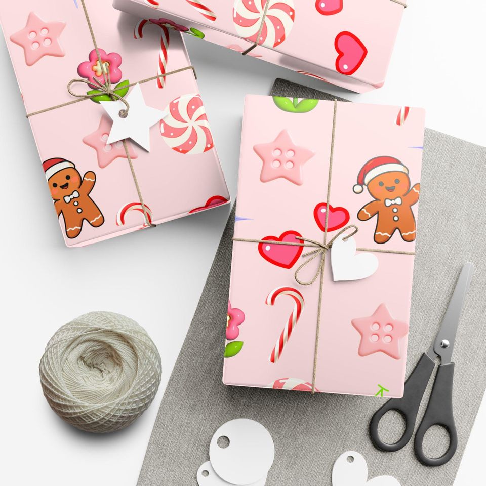 Pink Gingerbread Candy Pattern Gift Wrap Papers | Pink Holiday Wrapping Paper