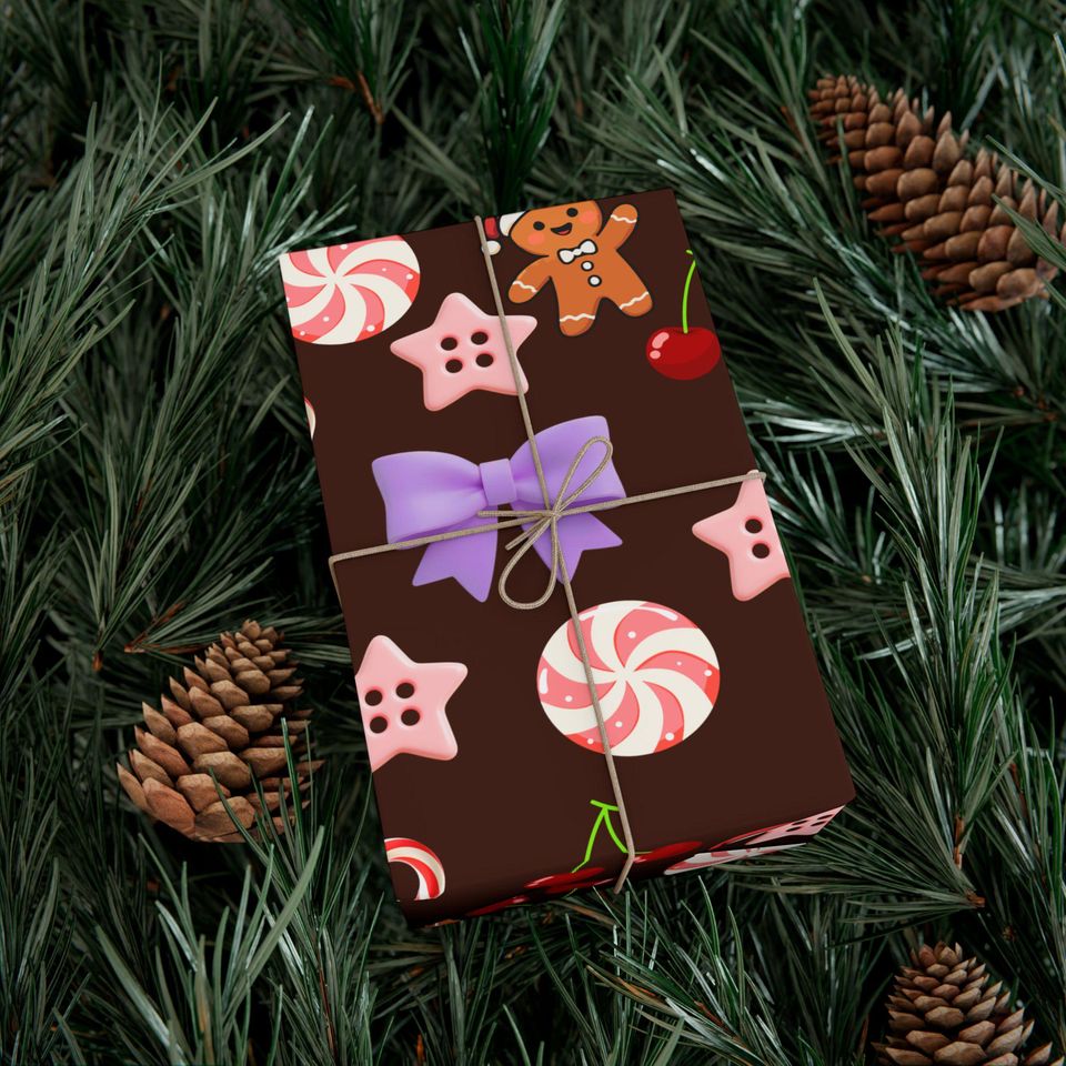 Brown Gingerbread Candy Pattern Gift Wrap | Christmas Wrapping Paper, Holiday Treats