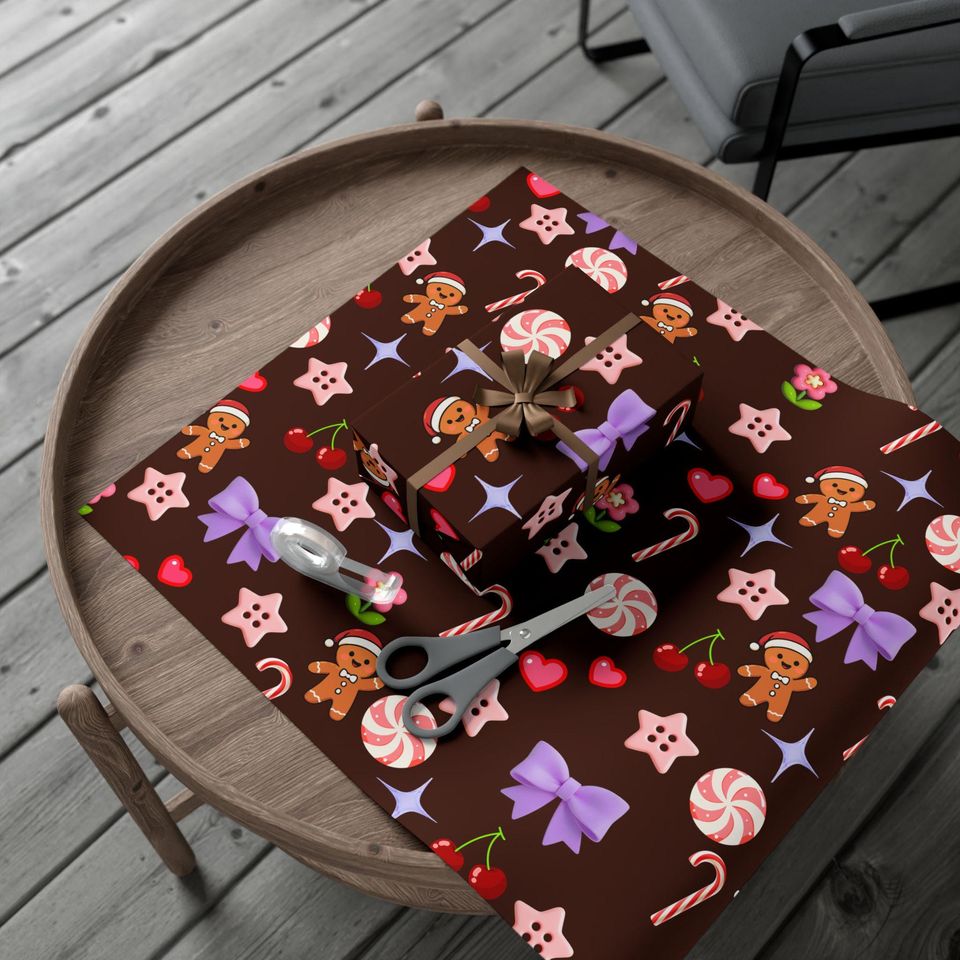 Brown Gingerbread Candy Pattern Gift Wrap | Christmas Wrapping Paper, Holiday Treats