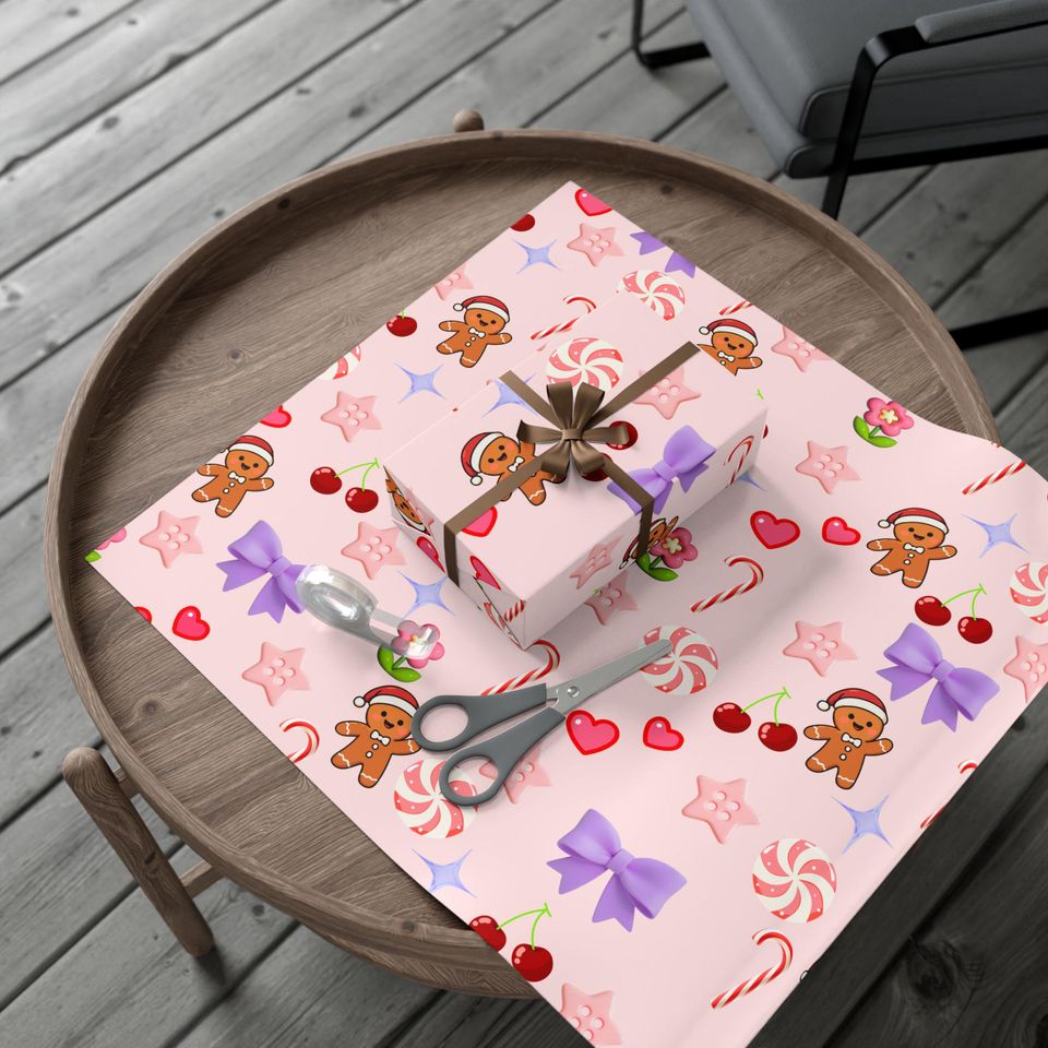 Pink Gingerbread Candy Pattern Gift Wrap Papers | Pink Holiday Wrapping Paper