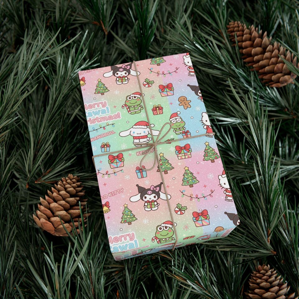 Kawaii Christmas Characters Gift Wrap | Hello Kitty Sanrio Holiday Pattern