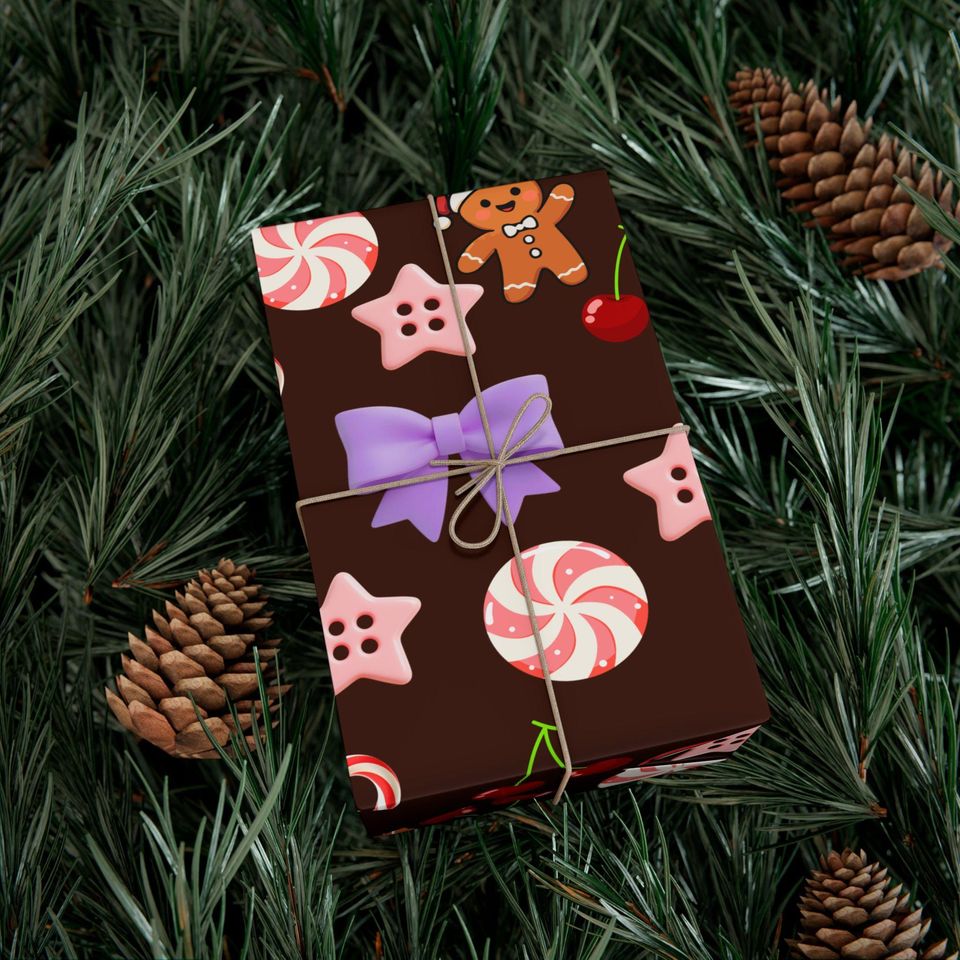 Brown Gingerbread Candy Pattern Gift Wrap | Christmas Wrapping Paper, Holiday Treats