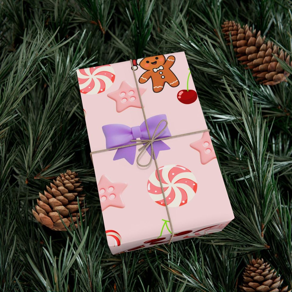Pink Gingerbread Candy Pattern Gift Wrap Papers | Pink Holiday Wrapping Paper