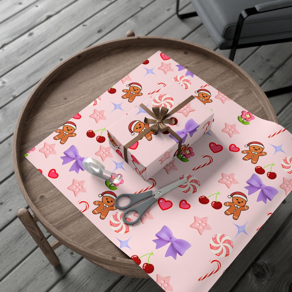 Pink Gingerbread Candy Pattern Gift Wrap Papers | Pink Holiday Wrapping Paper