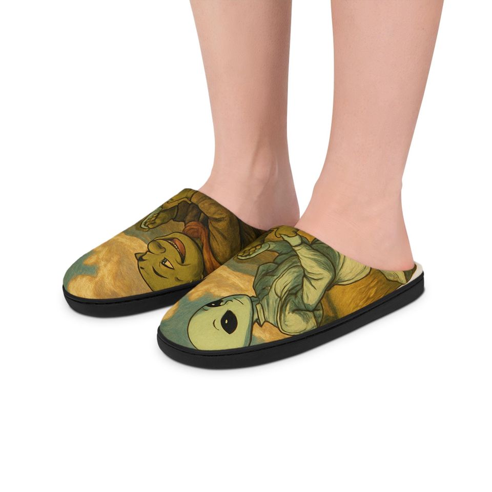 Alien and Frog Holding Hands Slippers | Retro Cute Space Illustration