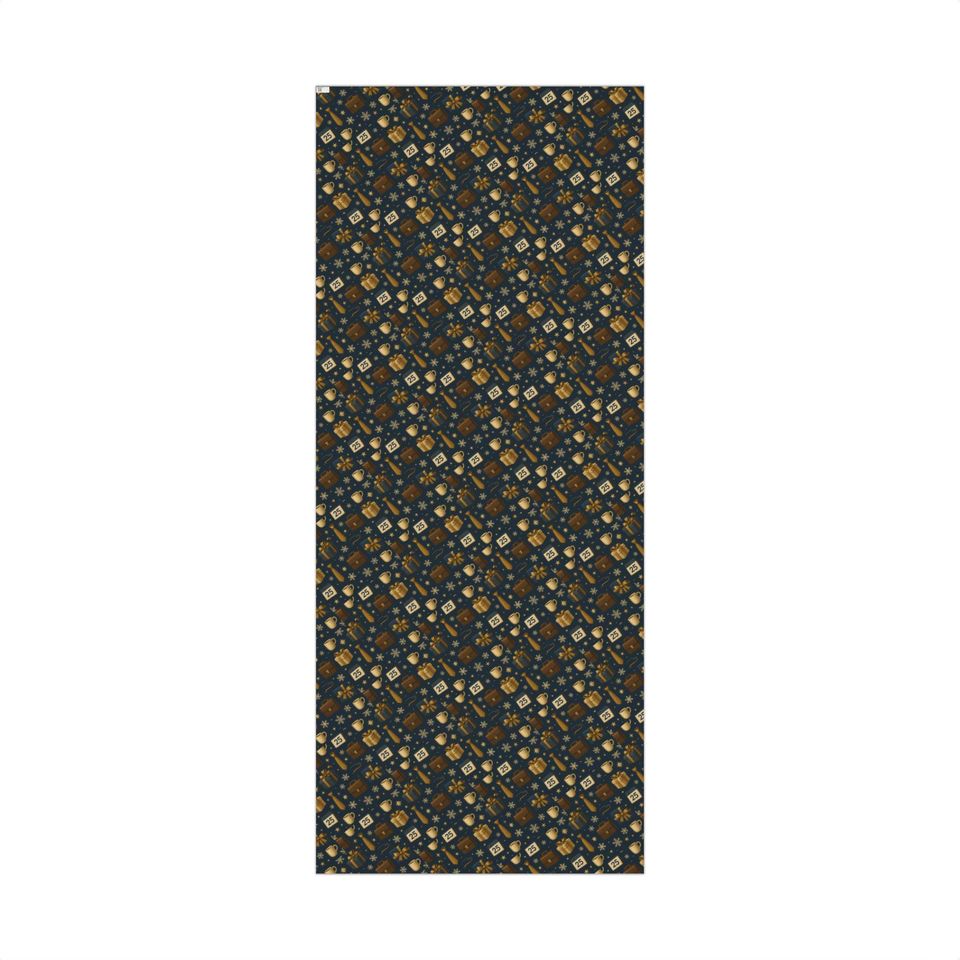 Office Xmas Paper, Gold Holiday Icons Gift Wrap, Christmas Wrapping Paper