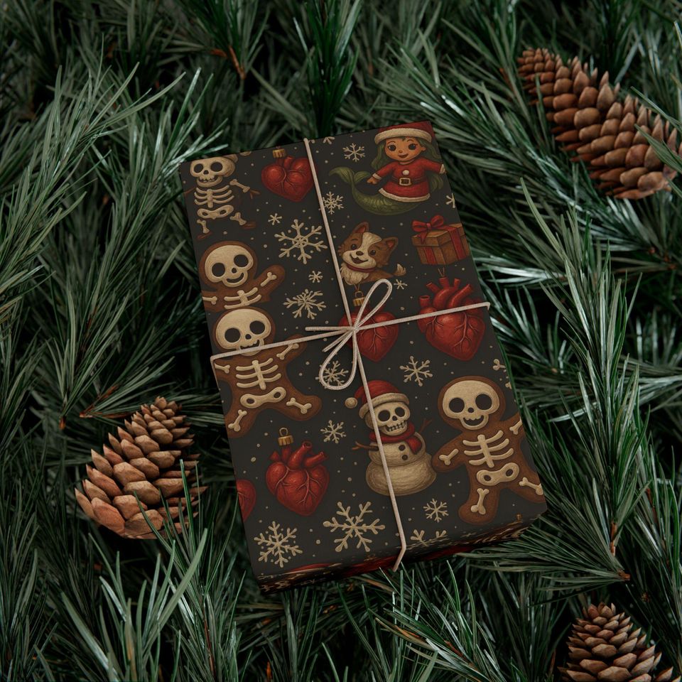 Skeleton Santa Pattern Gift Wrap Paper, Christmas Wrapping Paper