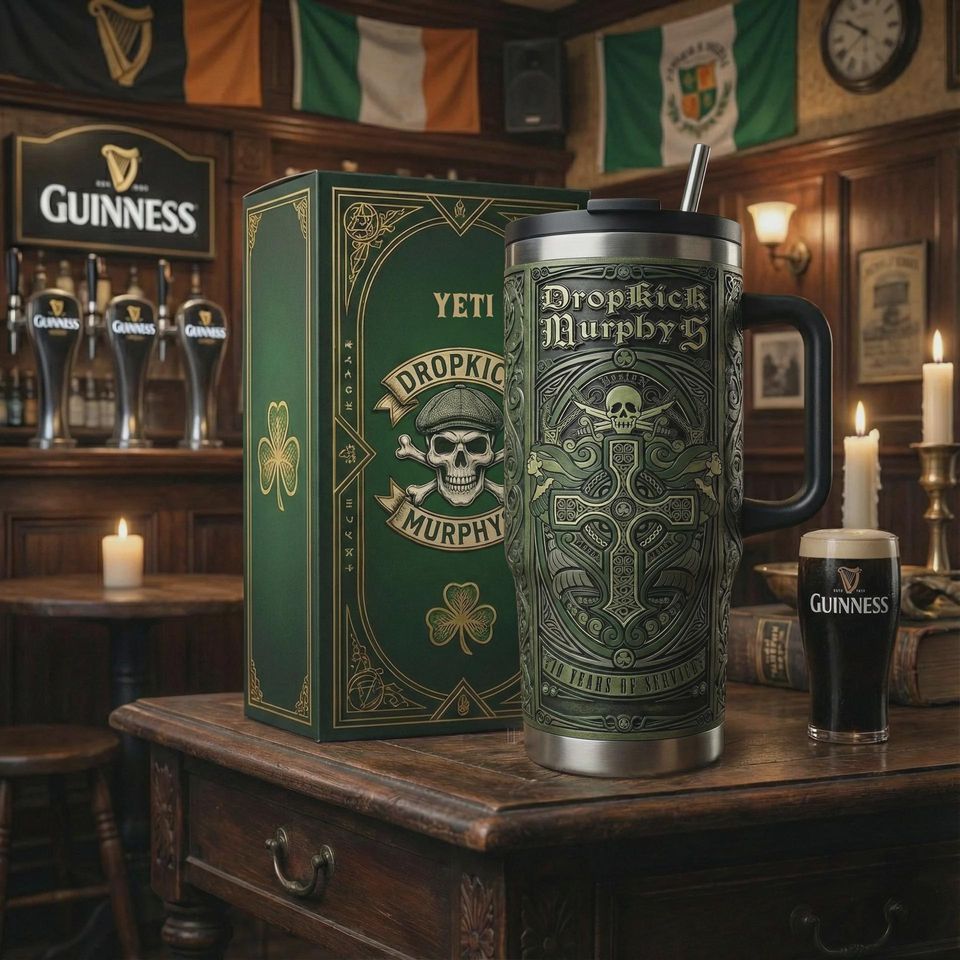 Celtic Rock Skull 40oz Tumbler with Handle Insulated Travel Mug Irish Fan Gift
