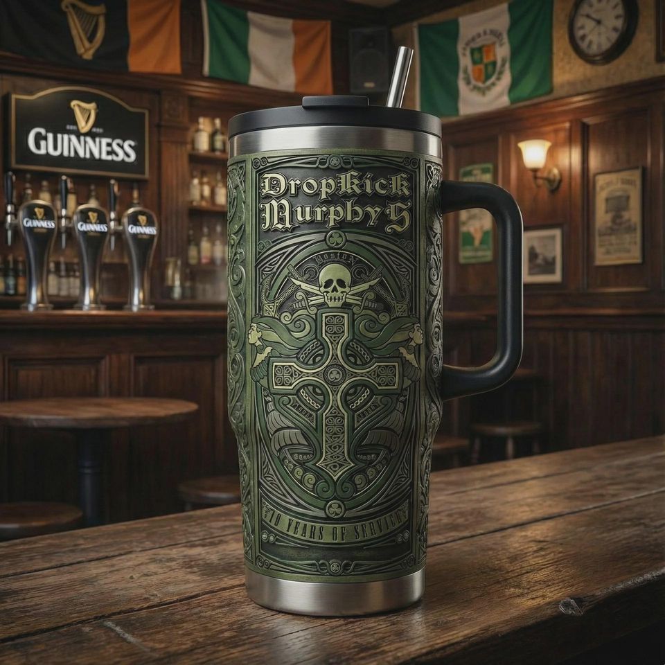Celtic Rock Skull 40oz Tumbler with Handle Insulated Travel Mug Irish Fan Gift
