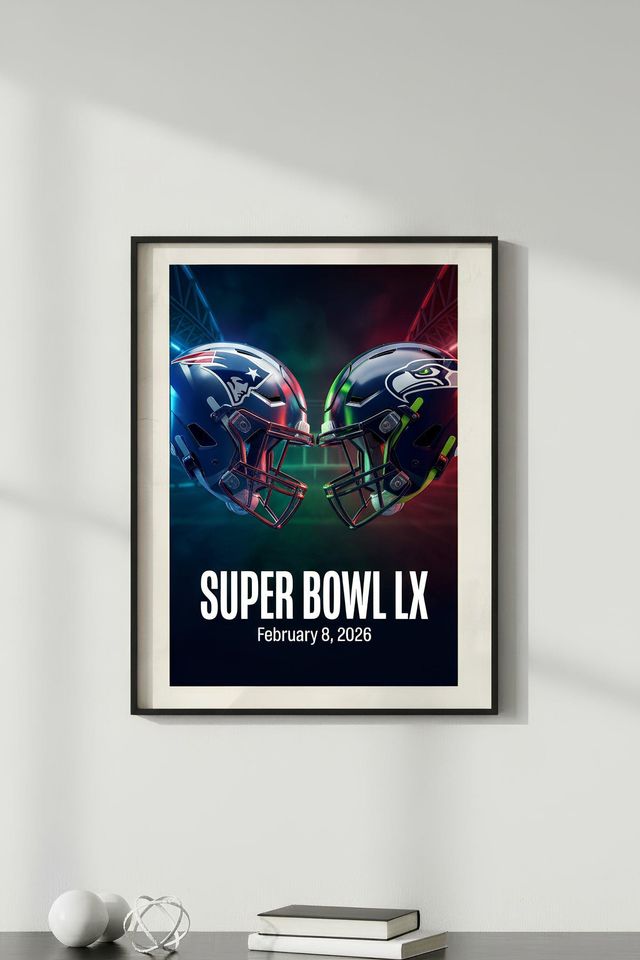 Super Bowl LX Helmet , Patriots vs Seahawks Poster