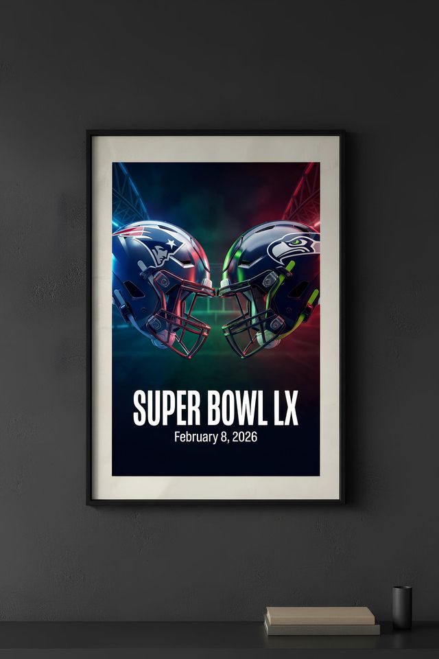 Super Bowl LX Helmet , Patriots vs Seahawks Poster