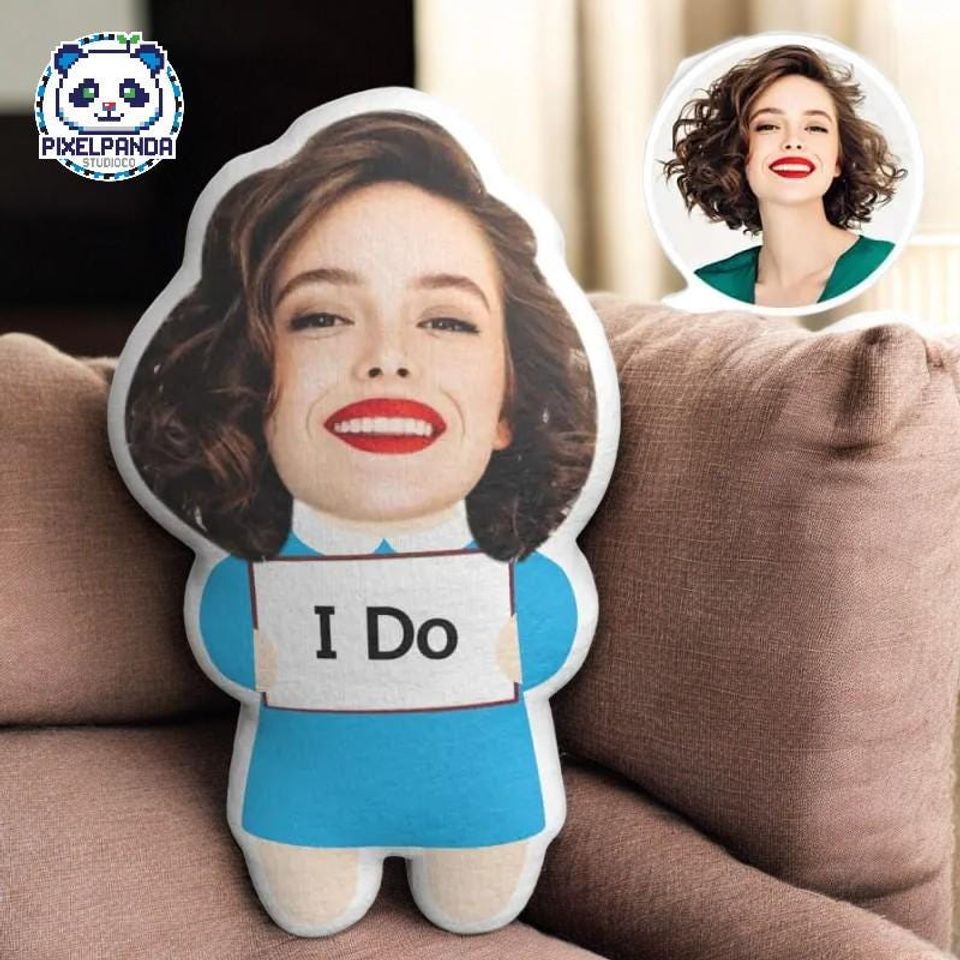 Valentines Day Custom Face Pillow, Cartoon I Do Photo Doll, Romantic Gift for Lover