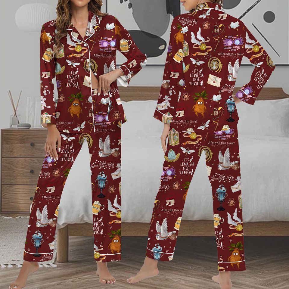 Magic Inspired Pajama Set, Leviosa Quotes, Owls, Spells & Wizard Icons, Cozy Womens Silk PJs