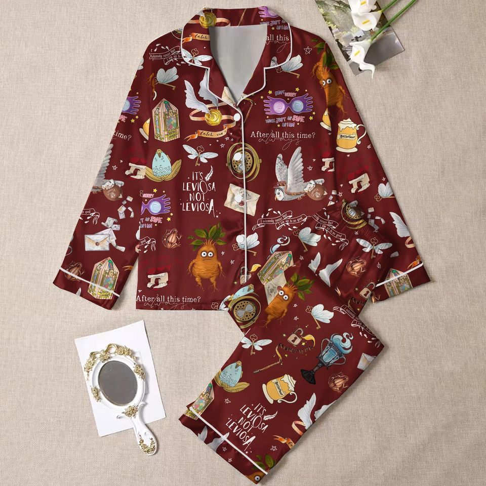 Magic Inspired Pajama Set, Leviosa Quotes, Owls, Spells & Wizard Icons, Cozy Womens Silk PJs
