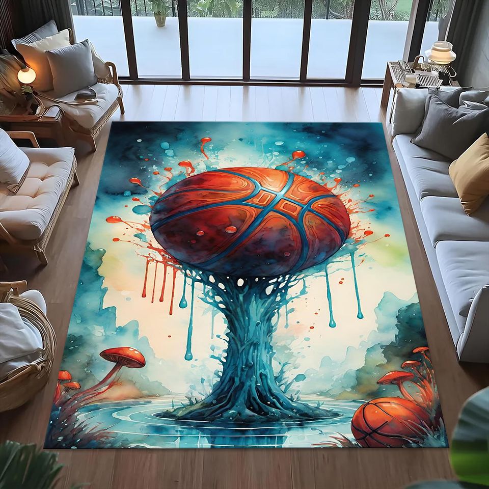 Abstract Basketball Art Area Rug, Modern Sports Decor