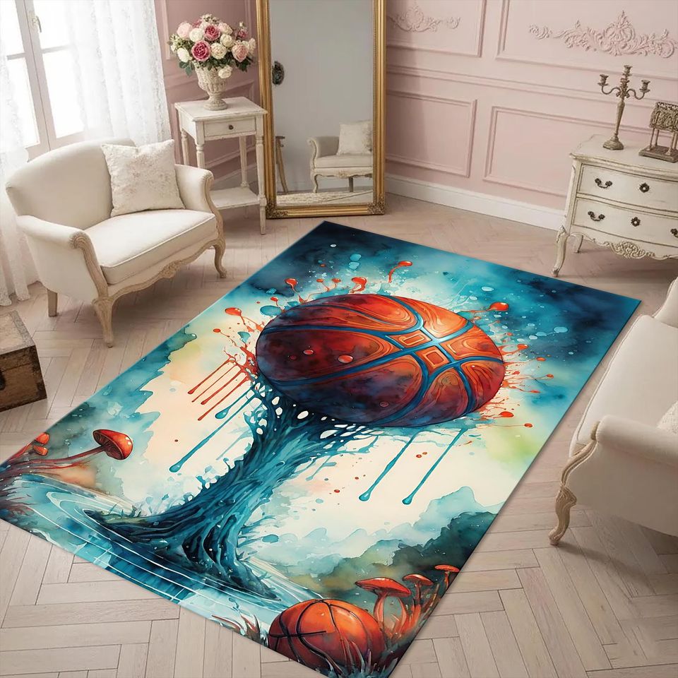 Abstract Basketball Art Area Rug, Modern Sports Decor